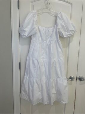 White Puff-Sleeve Midi Dress - Classic Women's Summer Dress
